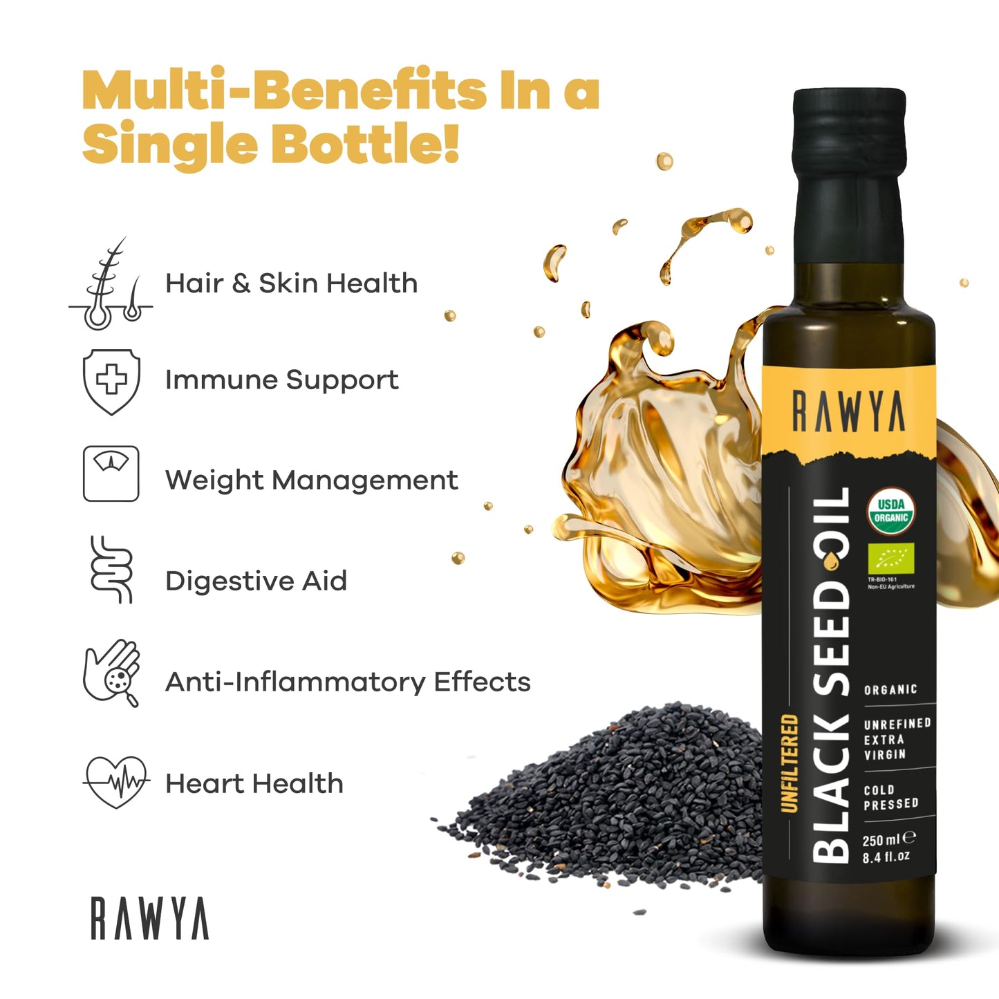 RAWYA cold pressed unfiltered black cumin seed supplement dark glass bottle packaging details.