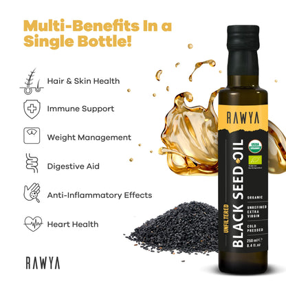 RAWYA cold pressed unfiltered black cumin seed supplement dark glass bottle packaging details.