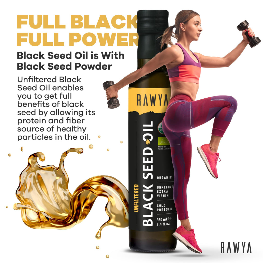 Unfiltered cold pressed black cumin seed oil pouring