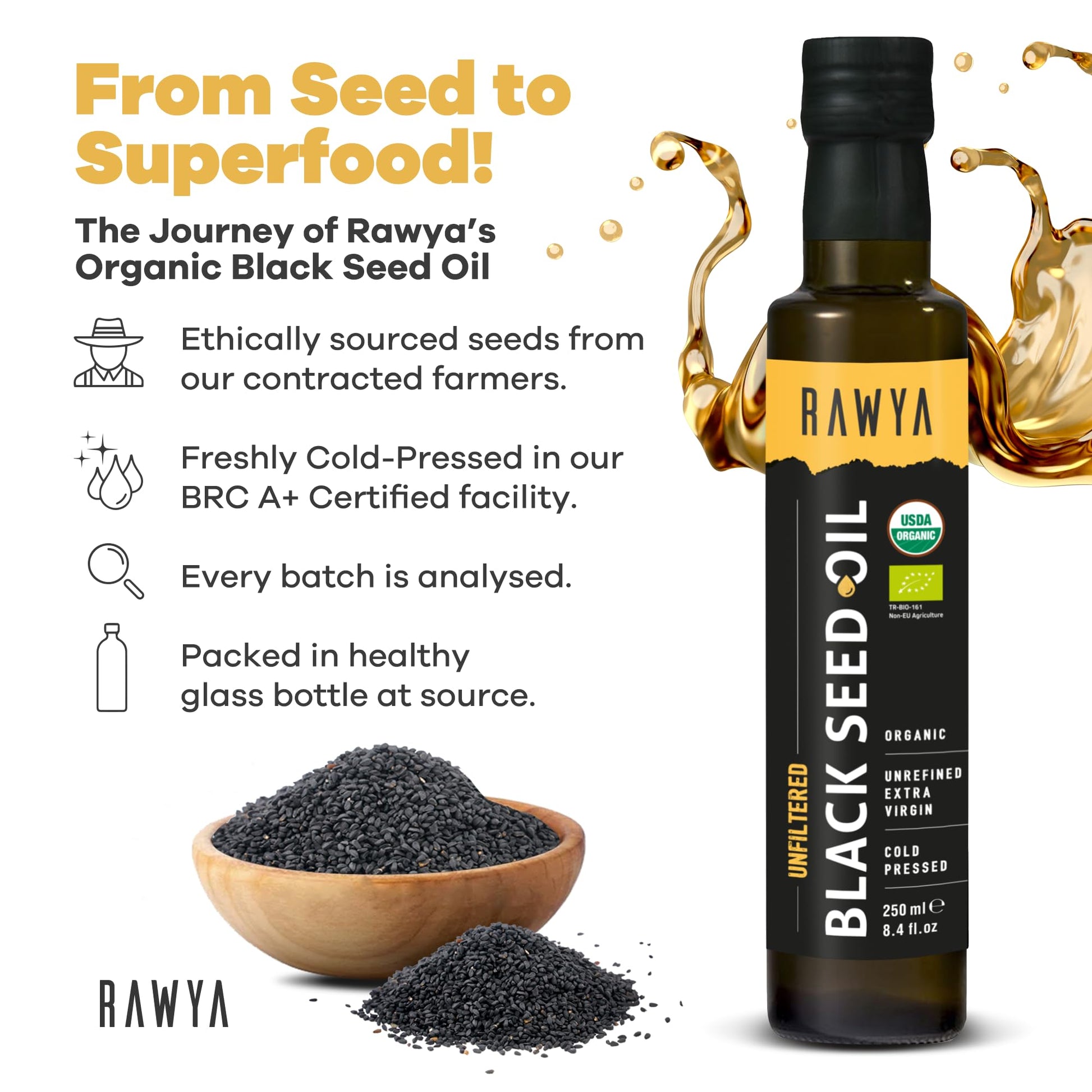 RAWYA extra virgin Kalonji oil rich in Thymoquinone for natural skin and hair care application.