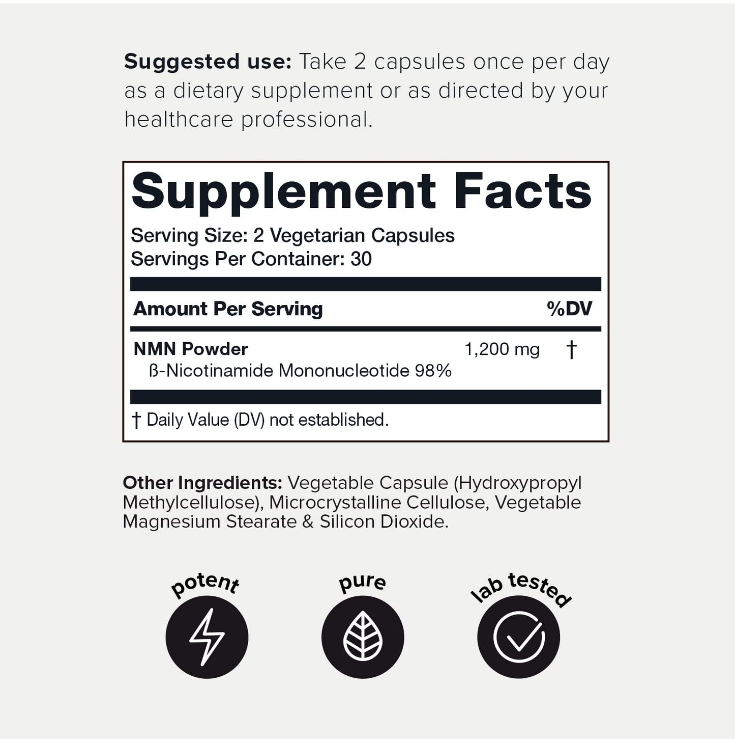 Toniiq Nicotinamide Mononucleotide cellular health booster capsules supplement facts label
