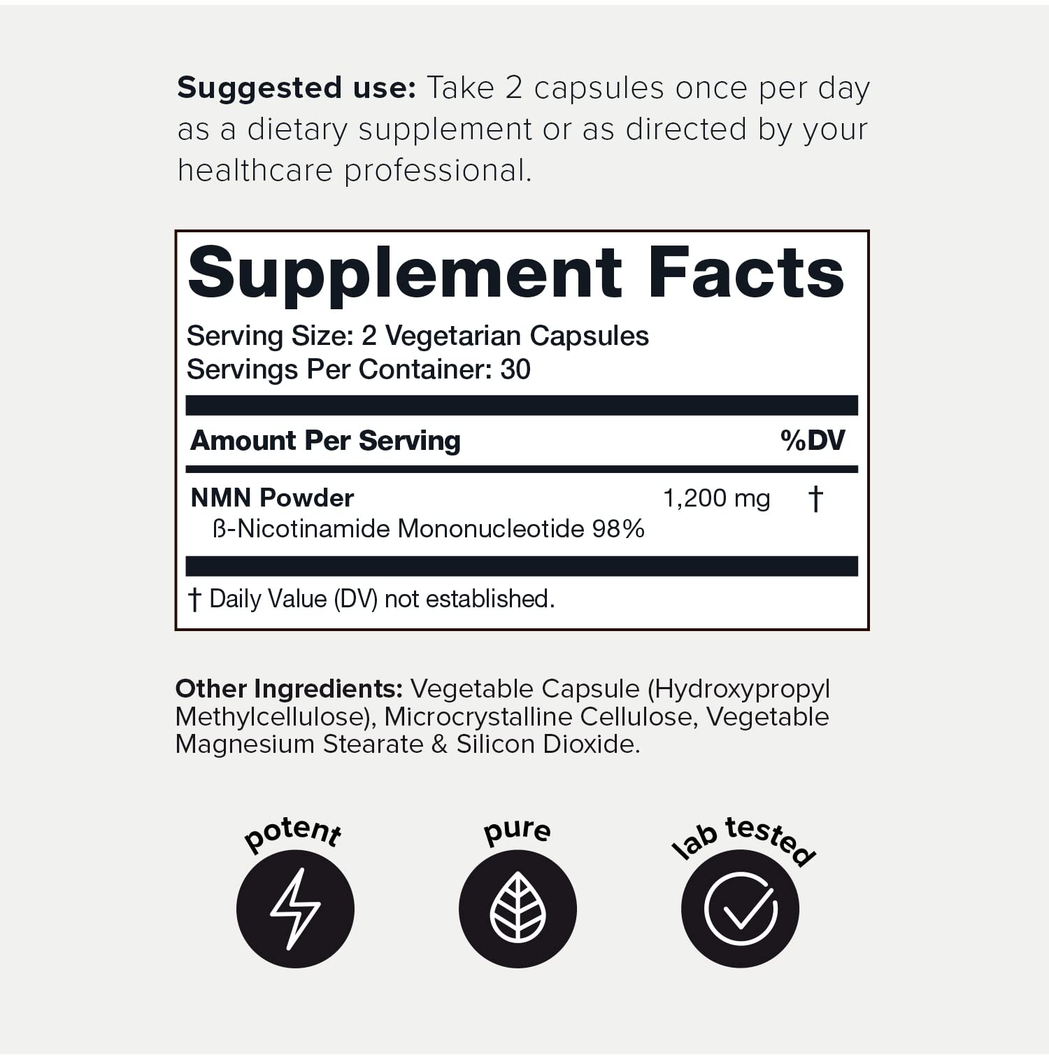 Toniiq Nicotinamide Mononucleotide cellular health booster capsules supplement facts label