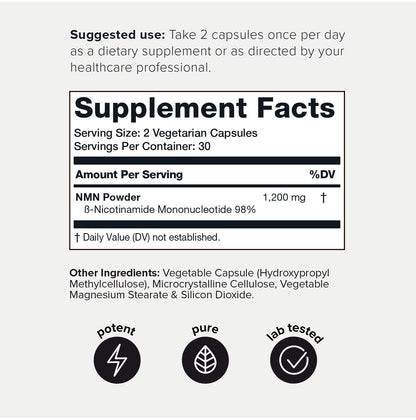 Toniiq Nicotinamide Mononucleotide cellular health booster capsules supplement facts label