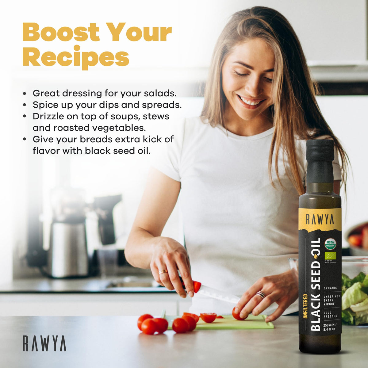 Rawya organic kalonji oil bottle next to fresh seeds