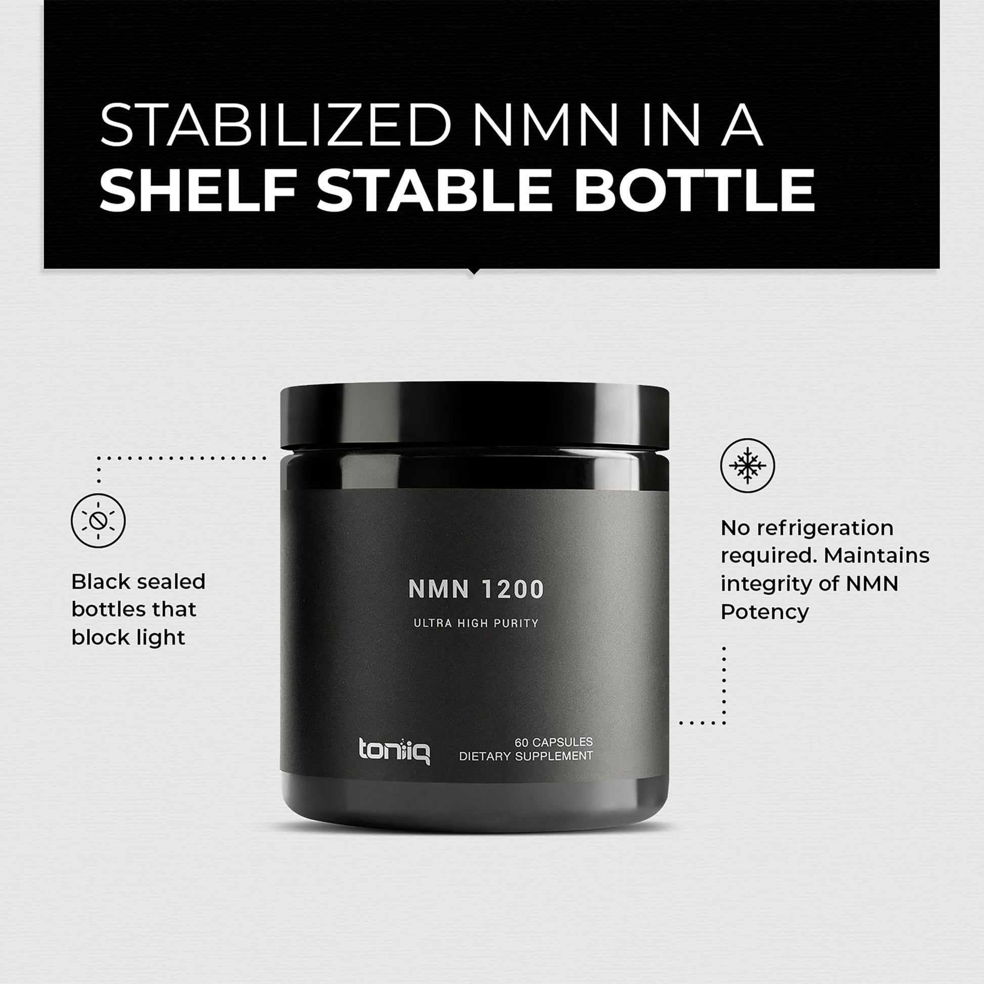 Toniiq NMN high purity stabilized anti aging supplement bottle standing upright