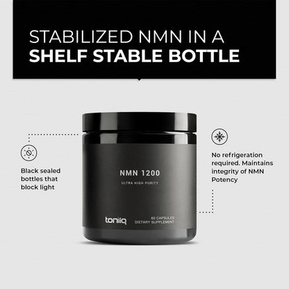 Toniiq NMN high purity stabilized anti aging supplement bottle standing upright