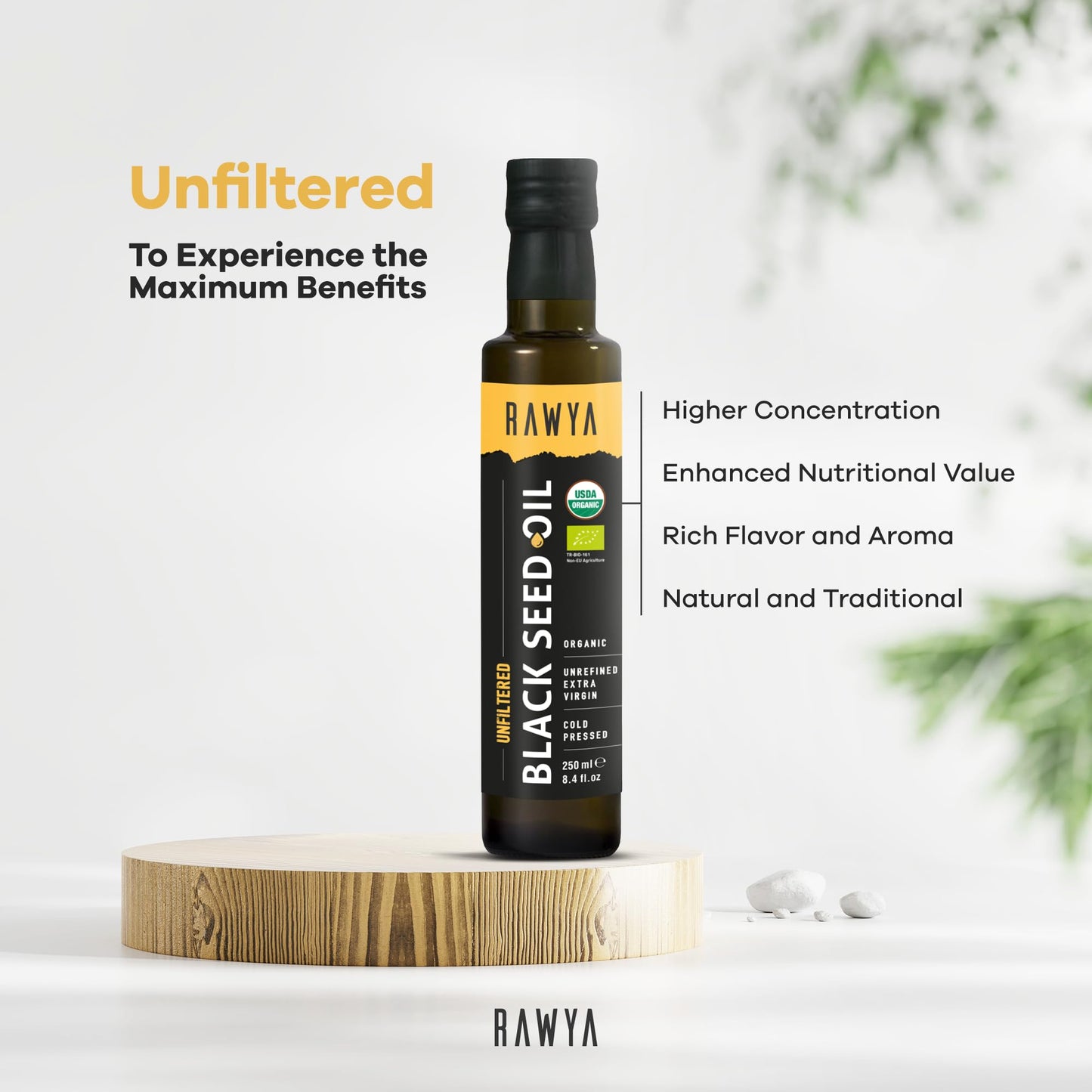Authentic USA imported RAWYA organic black seed oil 250 ml wellness supplement bottle.