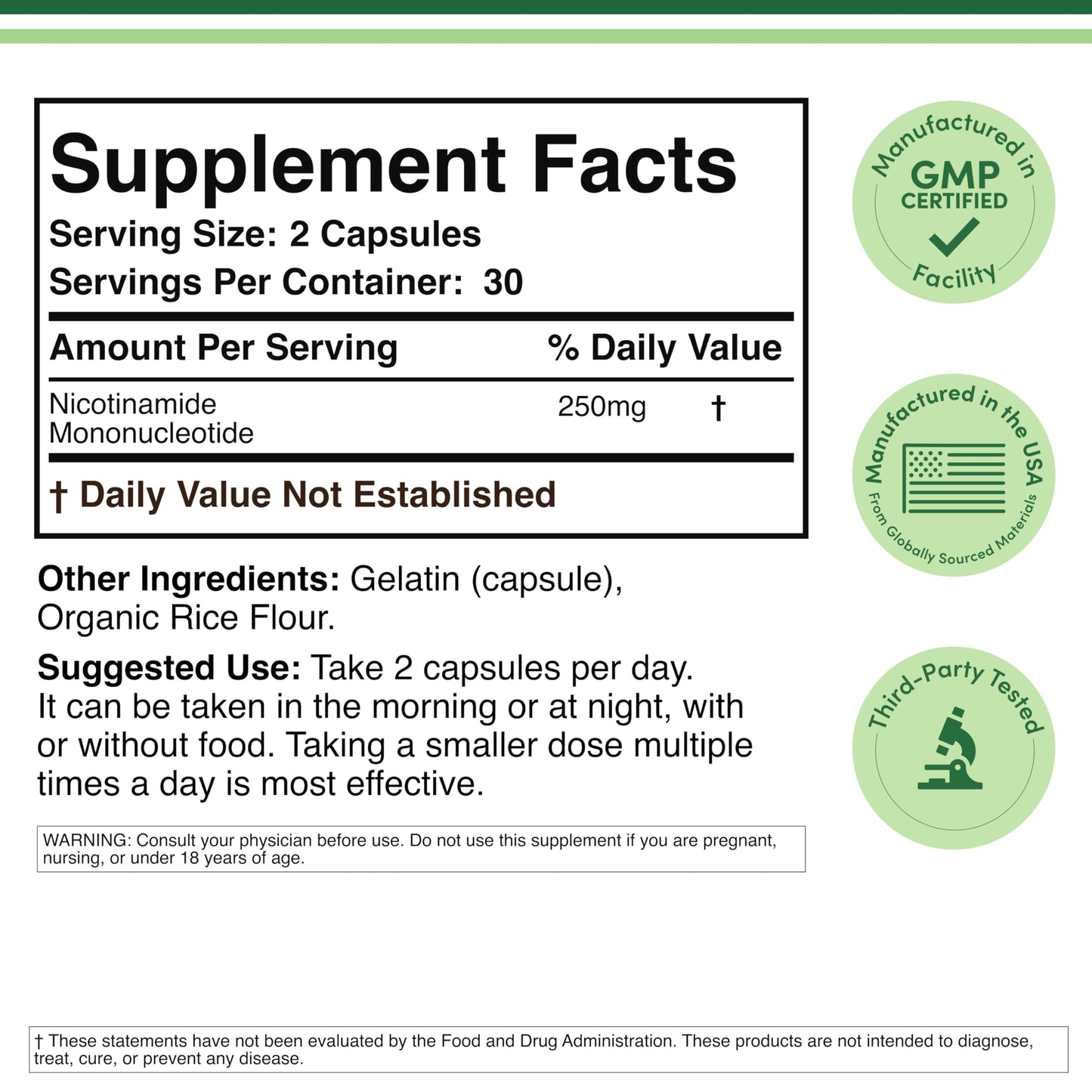Double Wood Supplements NMN 60 capsules packaging details highlighting the 99 percent purity test