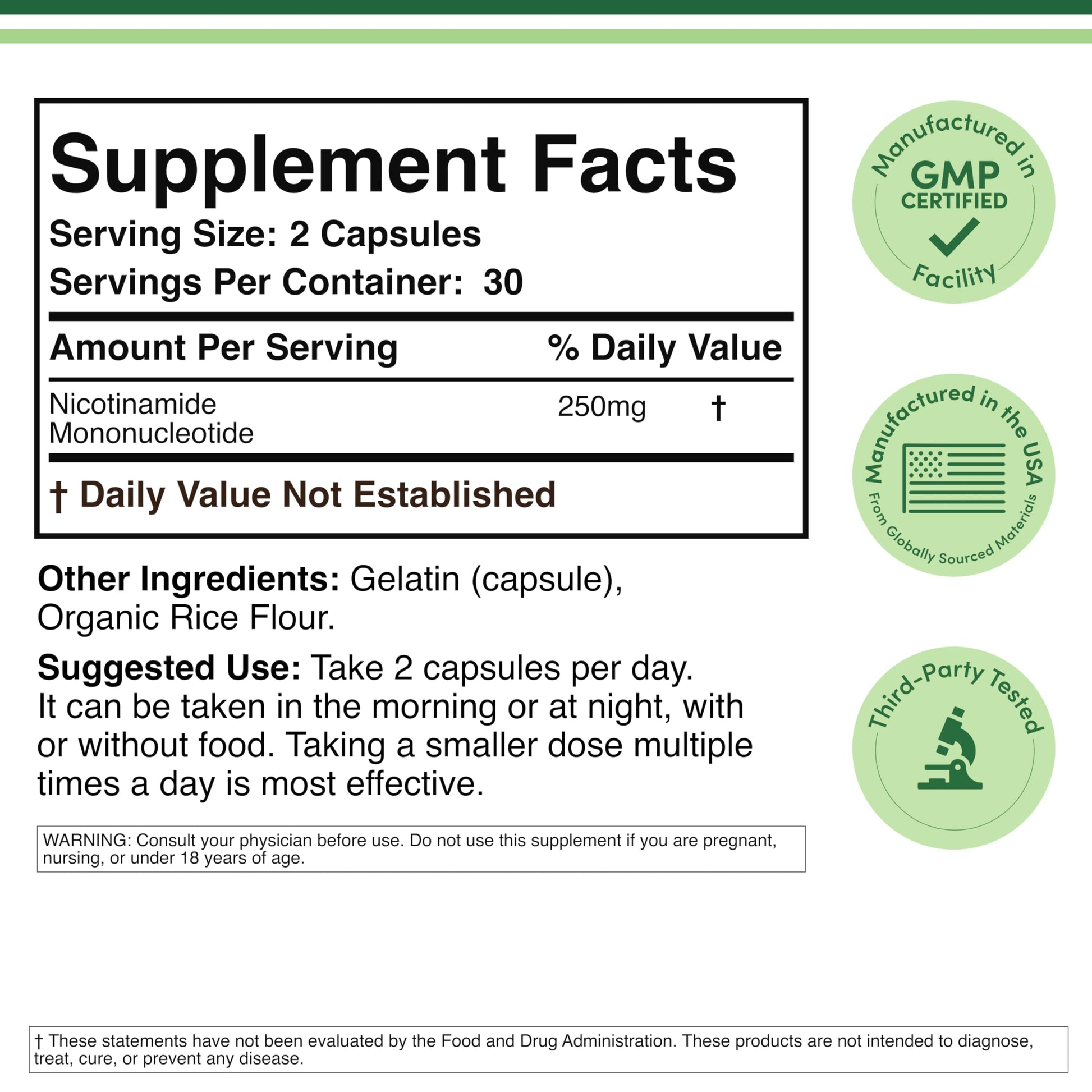 Double Wood Supplements NMN 60 capsules packaging details highlighting the 99 percent purity test