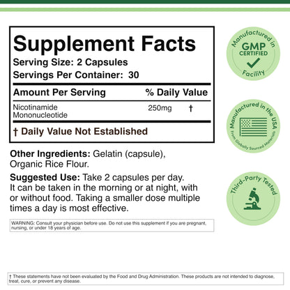 Double Wood Supplements NMN 60 capsules packaging details highlighting the 99 percent purity test