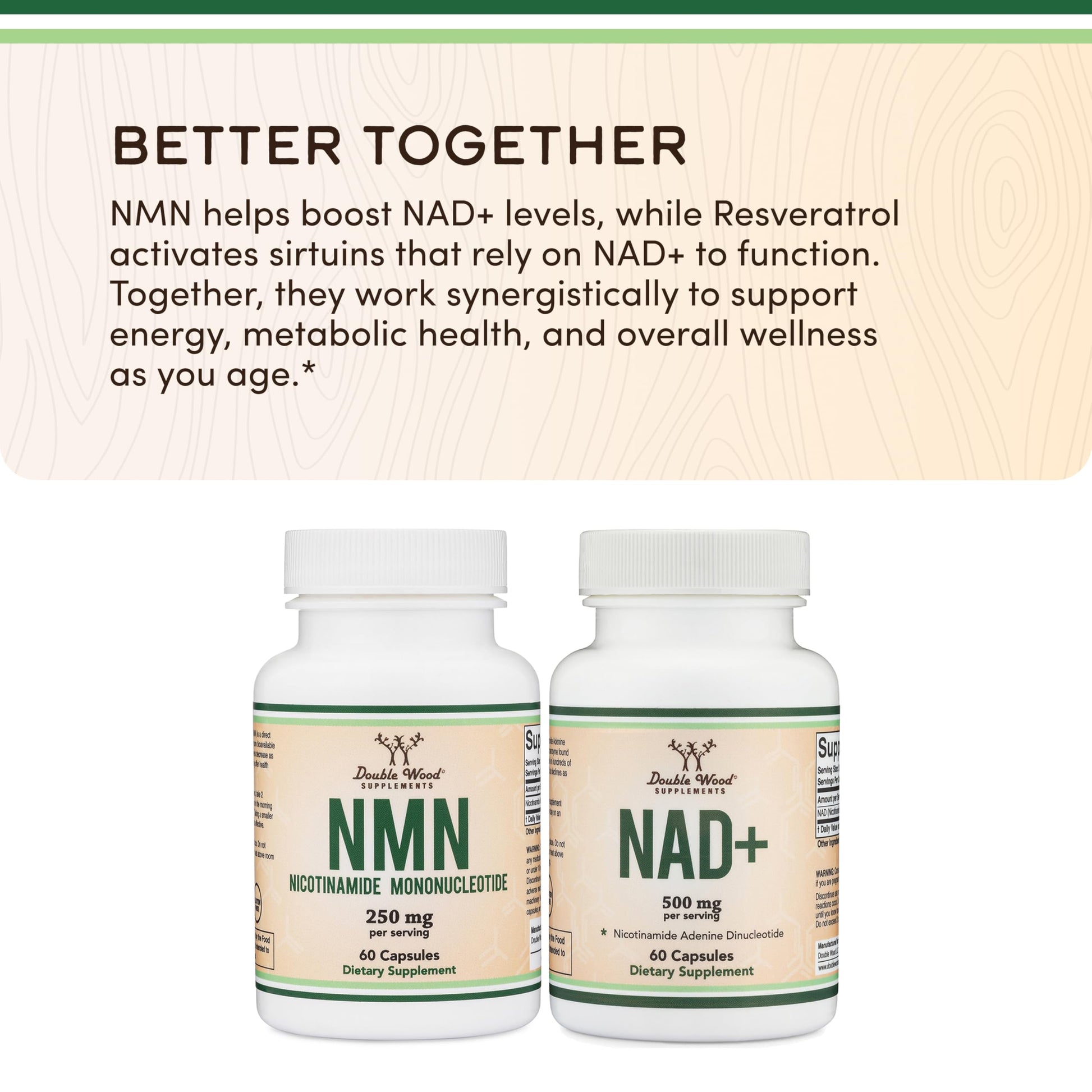 Close up of Double Wood Nicotinamide Mononucleotide capsules next to the premium supplement bottle