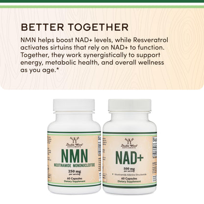 Close up of Double Wood Nicotinamide Mononucleotide capsules next to the premium supplement bottle