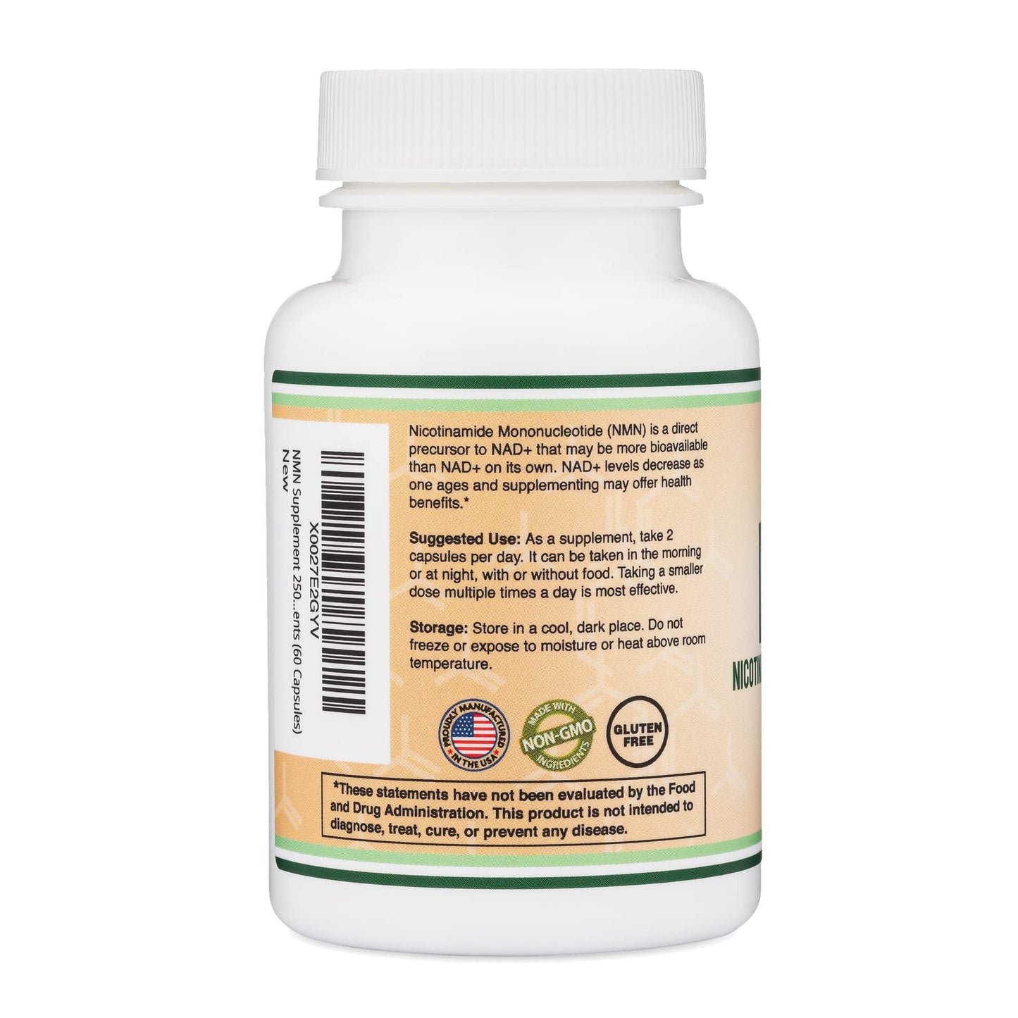 Double Wood Supplements NMN 250 milligram NAD plus booster showing manufacturer batch information
