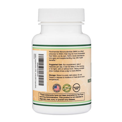 Double Wood Supplements NMN 250 milligram NAD plus booster showing manufacturer batch information