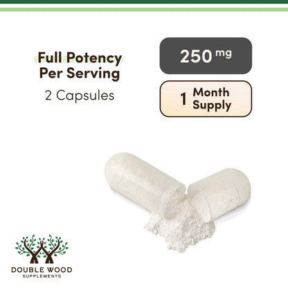 Back label view of Double Wood NMN capsules detailing GMP certification and safety standards