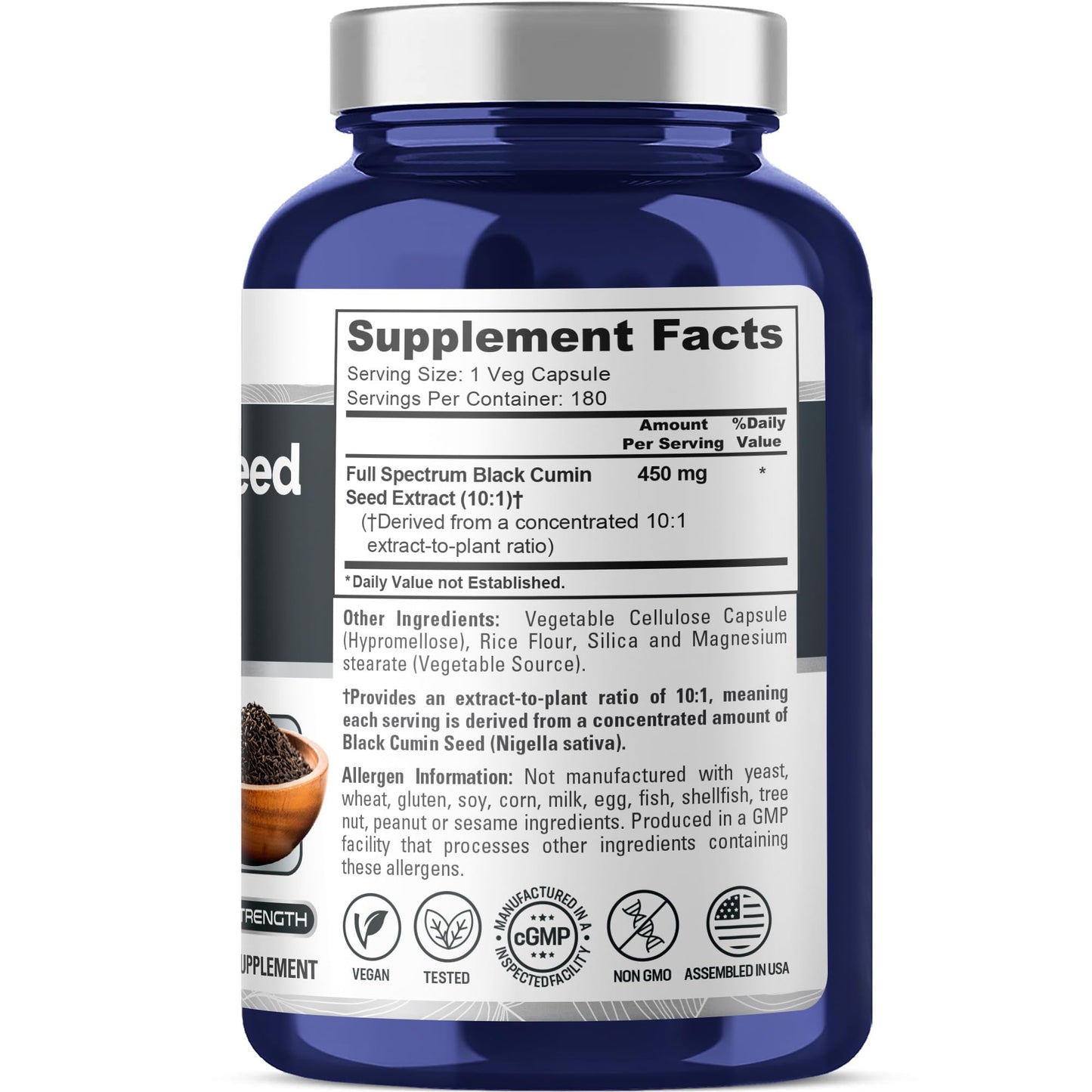 NusaPure Nigella sativa 4500mg supplement supplement facts panel detailing ingredient dosage and serving size.