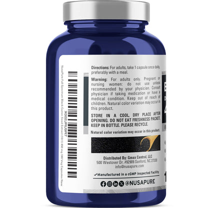 NusaPure black seed extract vegetarian capsules displayed next to the bottle showing the non oily powder form.