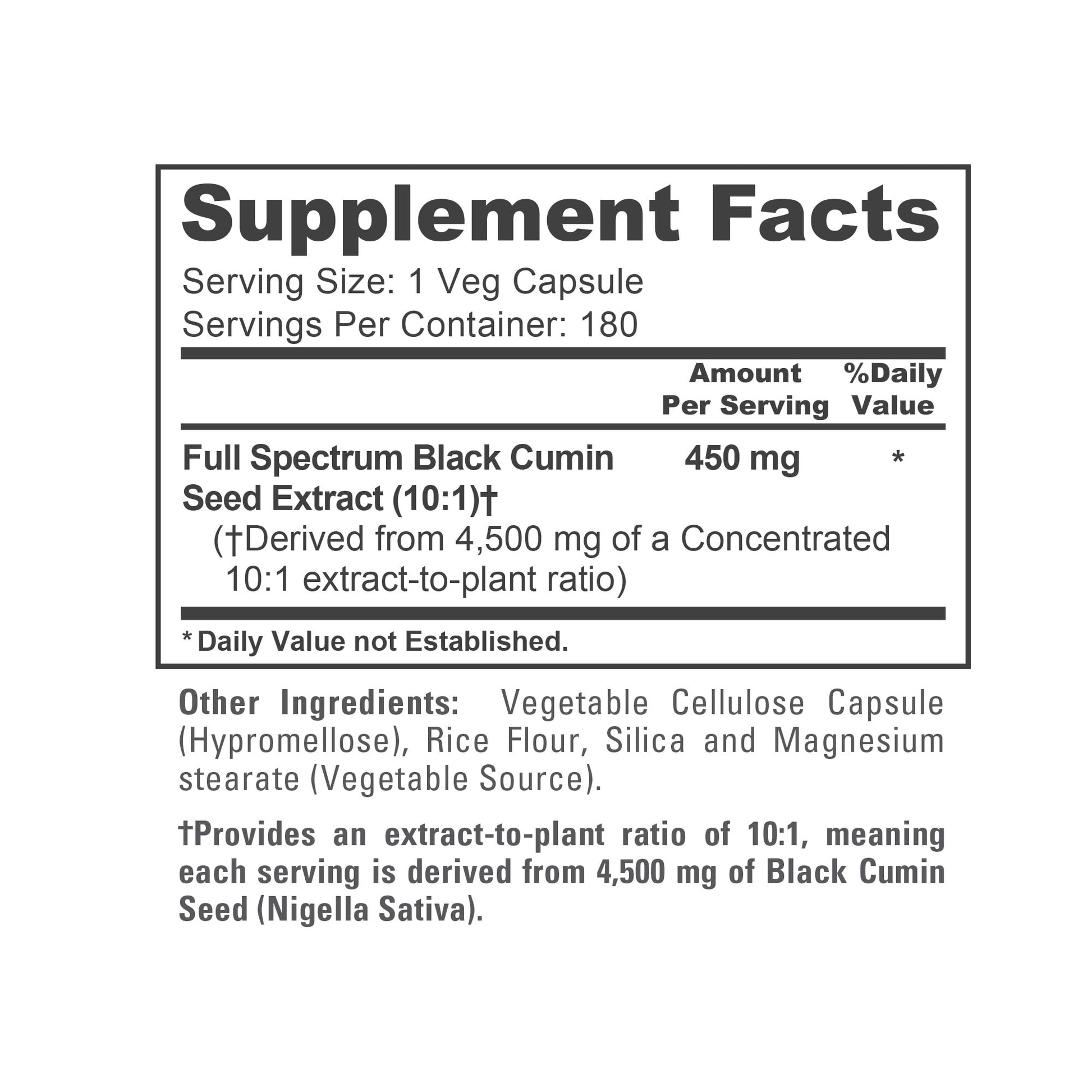 Side label of NusaPure black cumin seed bottle indicating USA manufacturing standards and non GMO certifications.