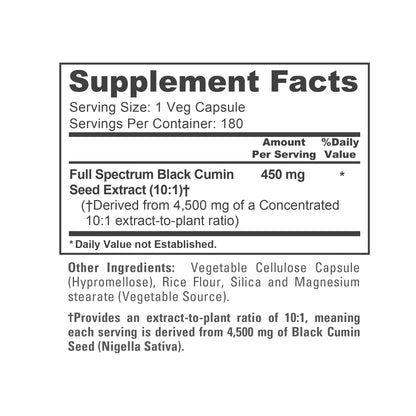 Side label of NusaPure black cumin seed bottle indicating USA manufacturing standards and non GMO certifications.