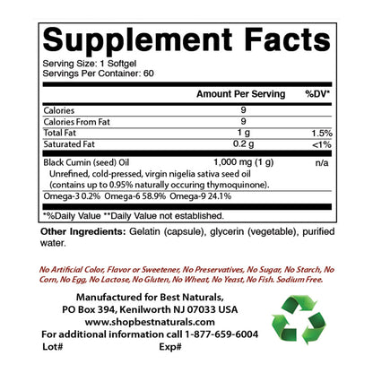 Best Naturals Cold Pressed Nigella Sativa 1000 mg supplement label showing supplement facts.