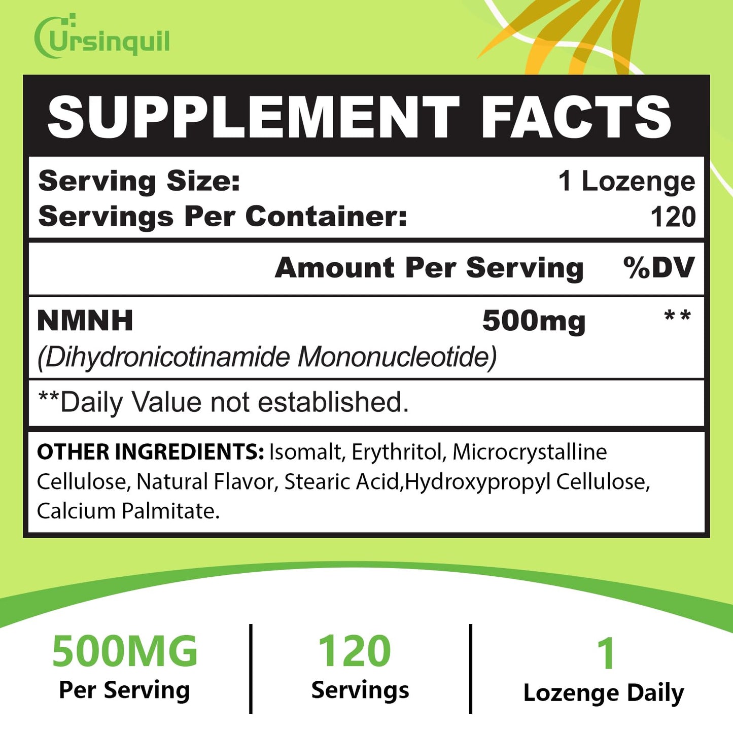 Ursinquil NMNH 500mg packaging demonstrating full ingredients list and instructions for use.