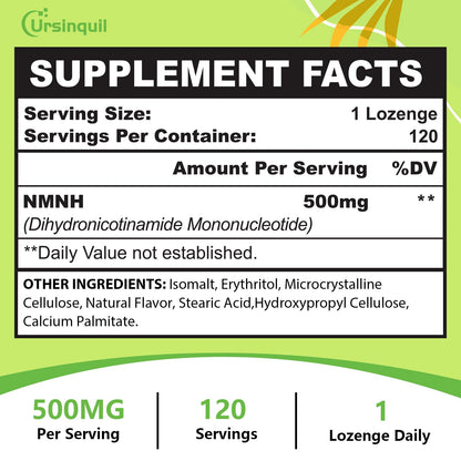 Ursinquil NMNH 500mg packaging demonstrating full ingredients list and instructions for use.