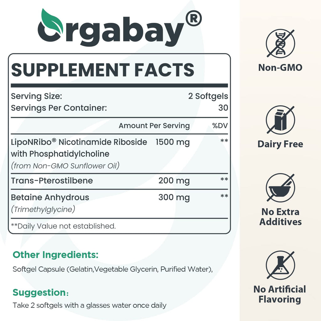 Orgabay NAD+ longevity supplement softgels showing clear product facts label