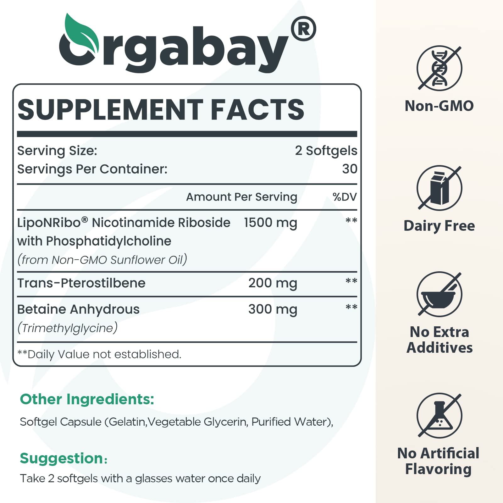 Orgabay NAD+ longevity supplement softgels showing clear product facts label