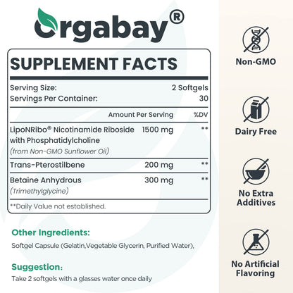 Orgabay NAD+ longevity supplement softgels showing clear product facts label