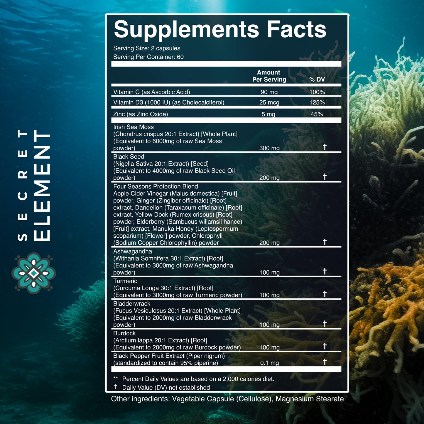 Close up view of Secret Element black seed oil and ashwagandha capsules illustrating premium plant based formula