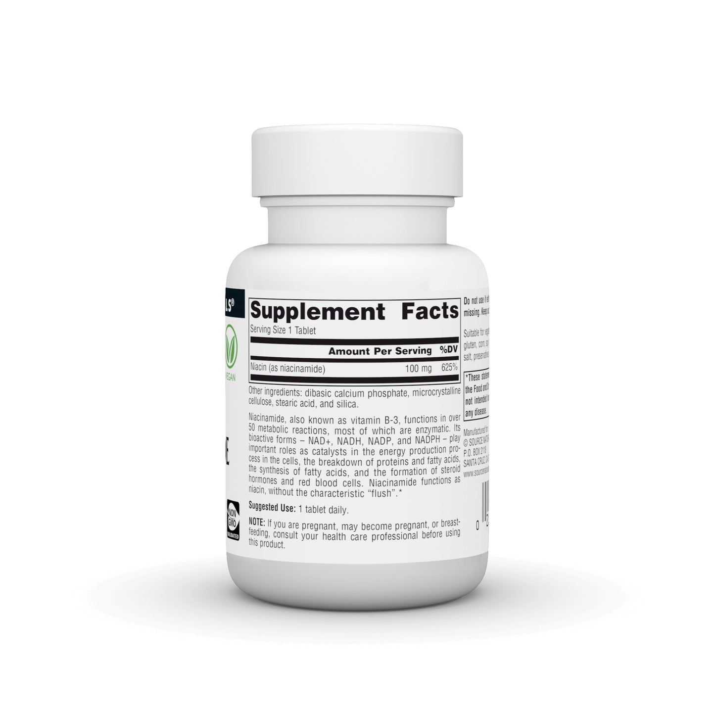 Side view of Source Naturals Vitamin B3 dietary supplement detailing flush free cellular energy benefits list