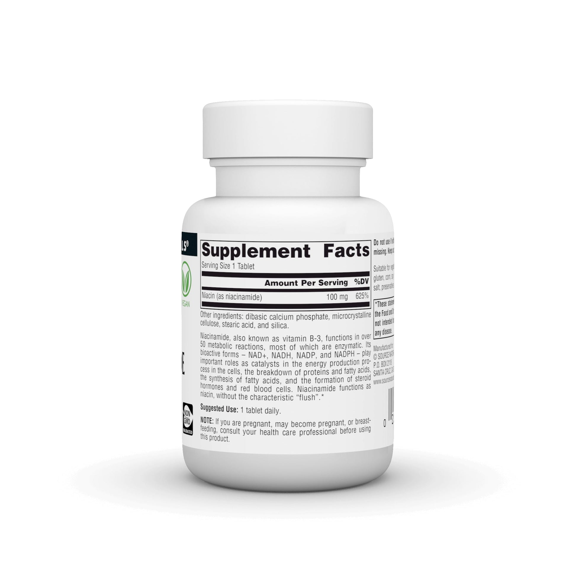 Side view of Source Naturals Vitamin B3 dietary supplement detailing flush free cellular energy benefits list