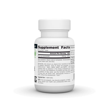 Side view of Source Naturals Vitamin B3 dietary supplement detailing flush free cellular energy benefits list