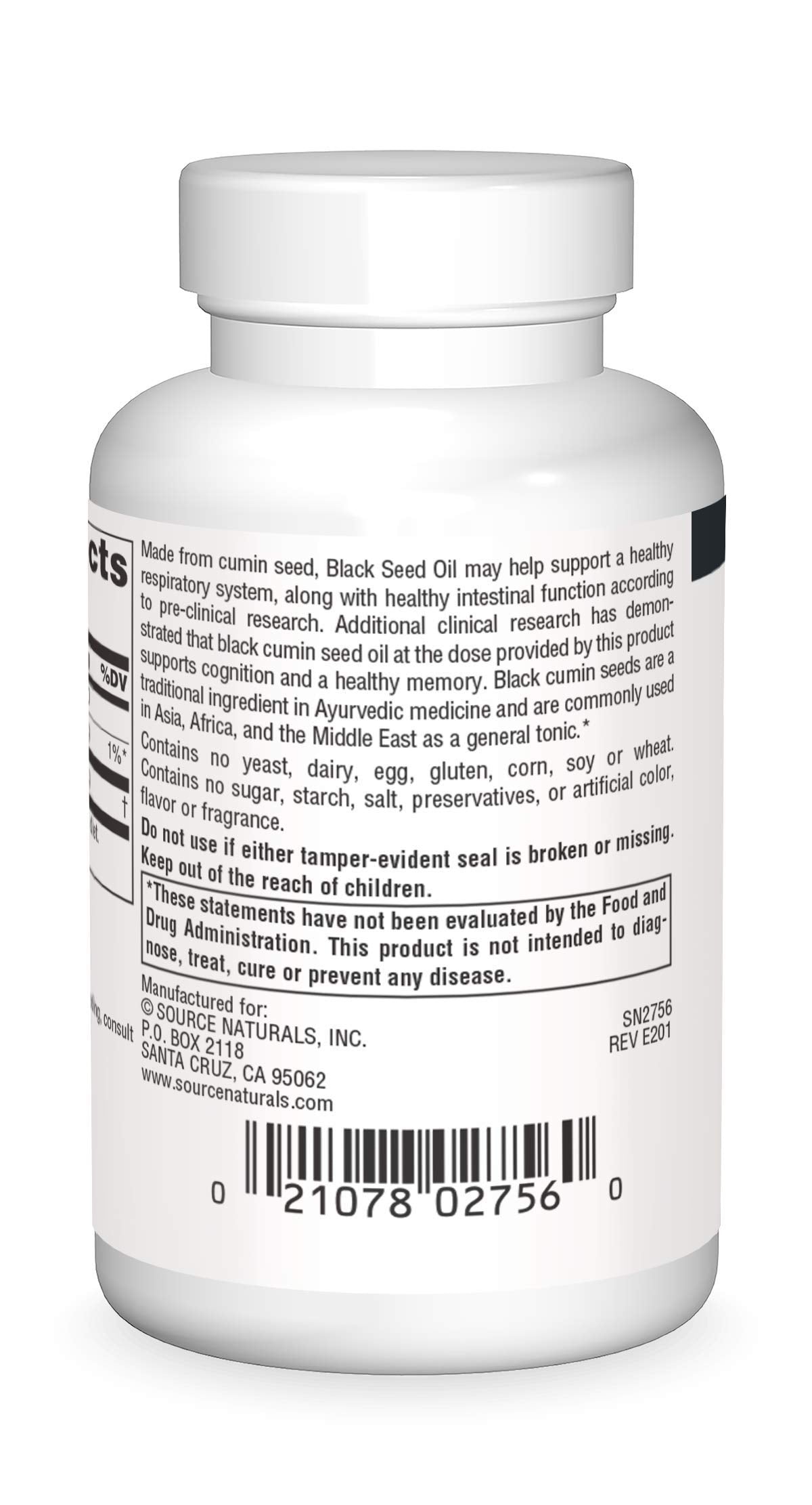 Source Naturals black cumin seed oil supplement label showing ingredient facts and allergen details.