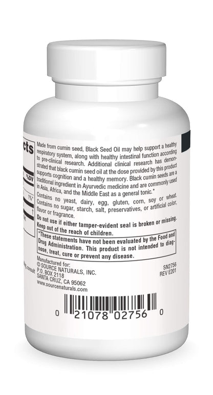 Source Naturals black cumin seed oil supplement label showing ingredient facts and allergen details.