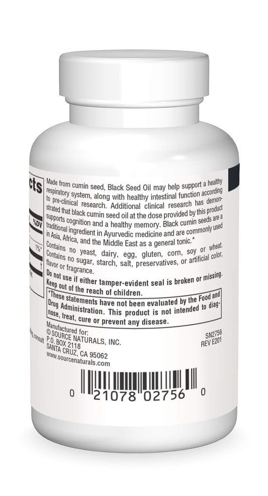 Source Naturals black cumin seed oil supplement label showing ingredient facts and allergen details.