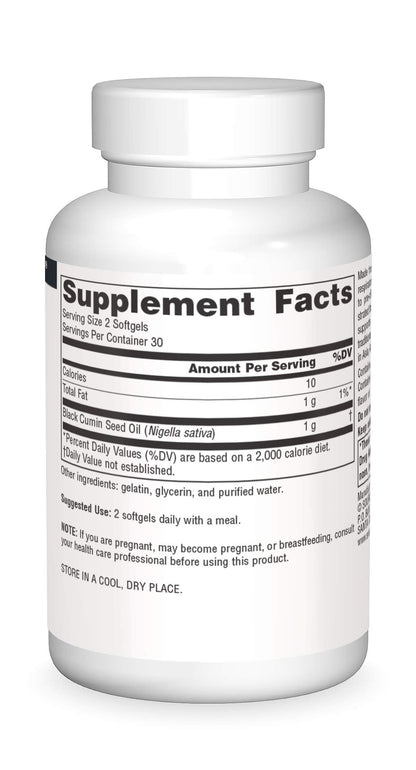 Authentic USA imported Source Naturals Nigella sativa softgels for natural immunity.