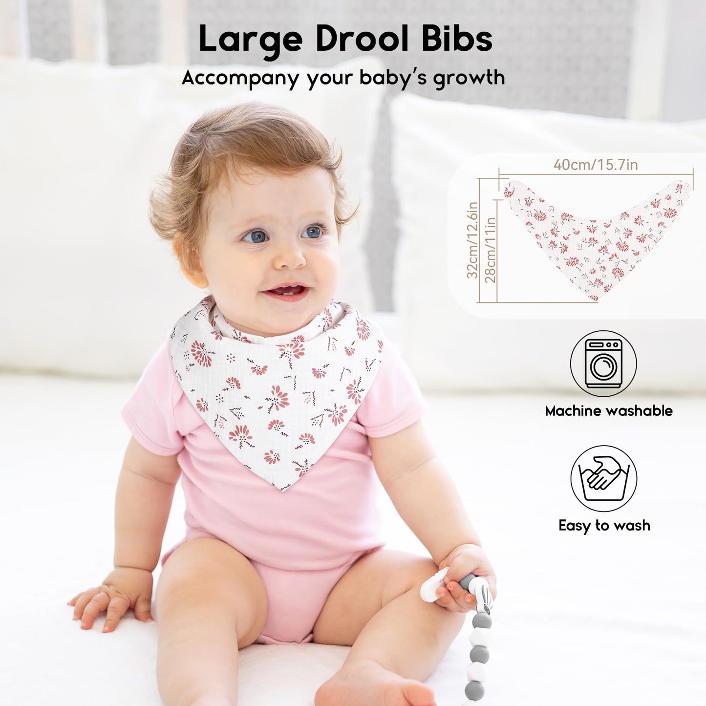 Baby wearing stylish floral print bandana bib