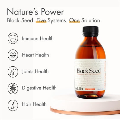 Adalin Nigella Sativa oil bottle displaying high thymoquinone percentage label