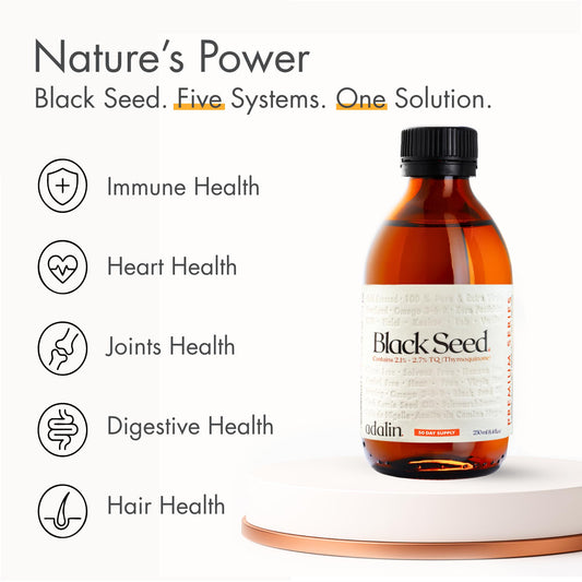 Adalin Nigella Sativa oil bottle displaying high thymoquinone percentage label