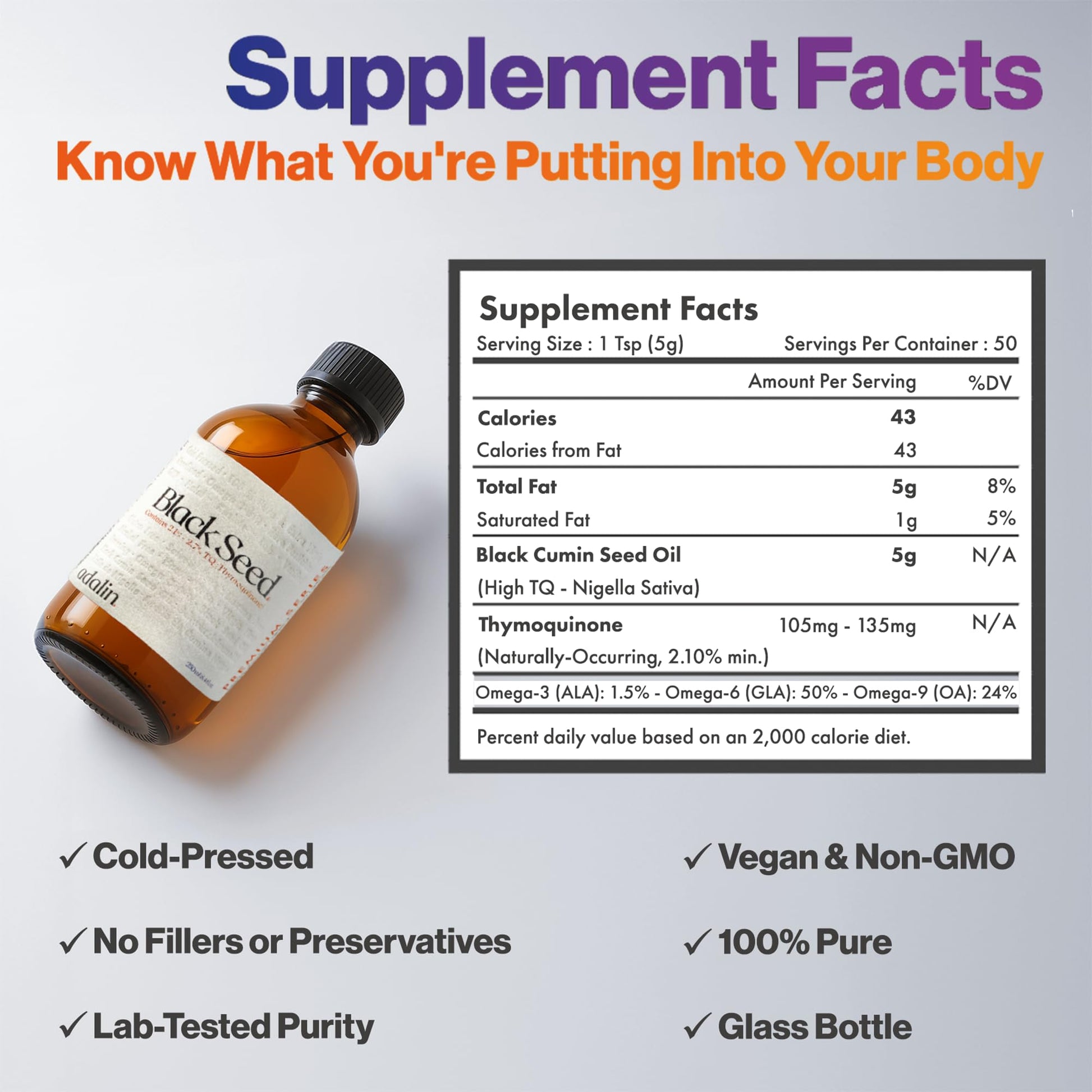 Side profile of Adalin liquid black cumin seed supplement packaging details