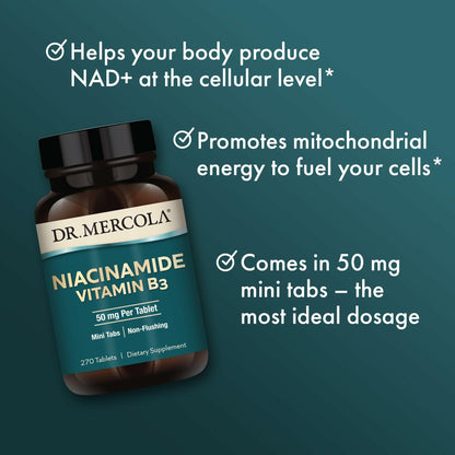 Dr. Mercola Niacinamide Vitamin B3 bottle displaying the 270 mini tablets quantity breakdown