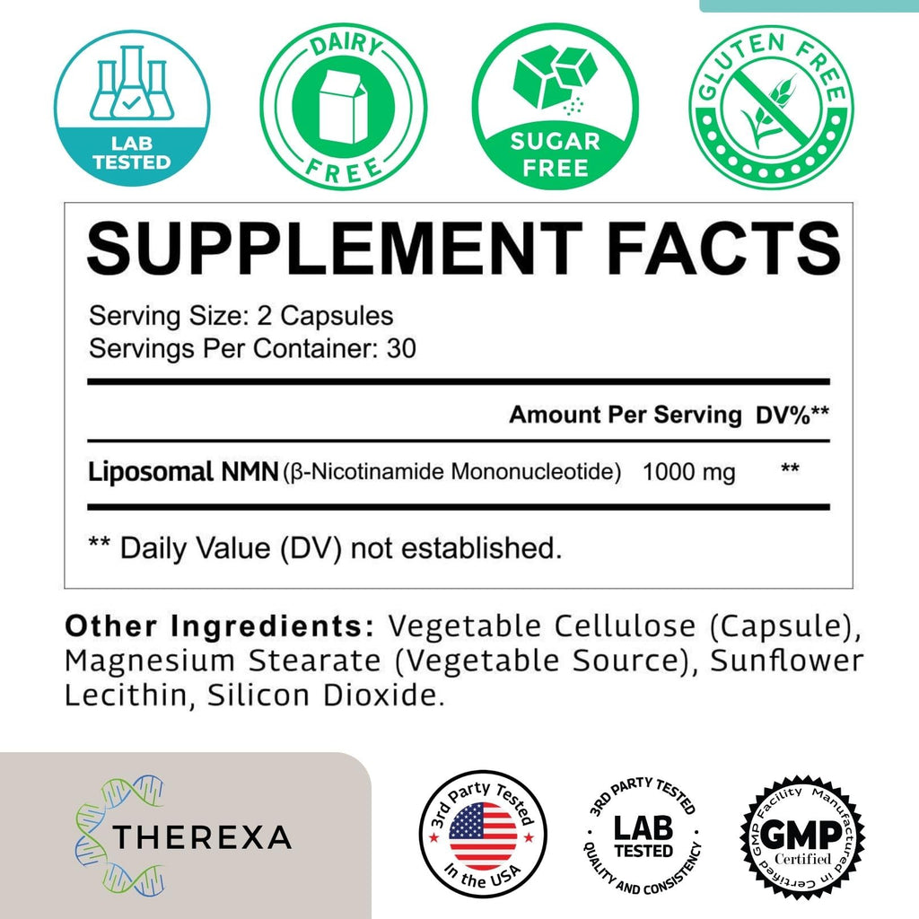 Side view of Therexa Liposomal NMN capsule bottle