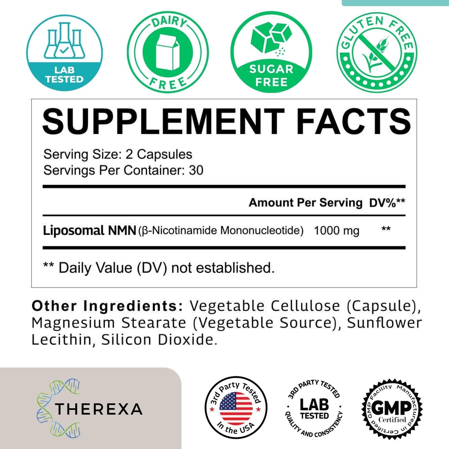Side view of Therexa Liposomal NMN capsule bottle