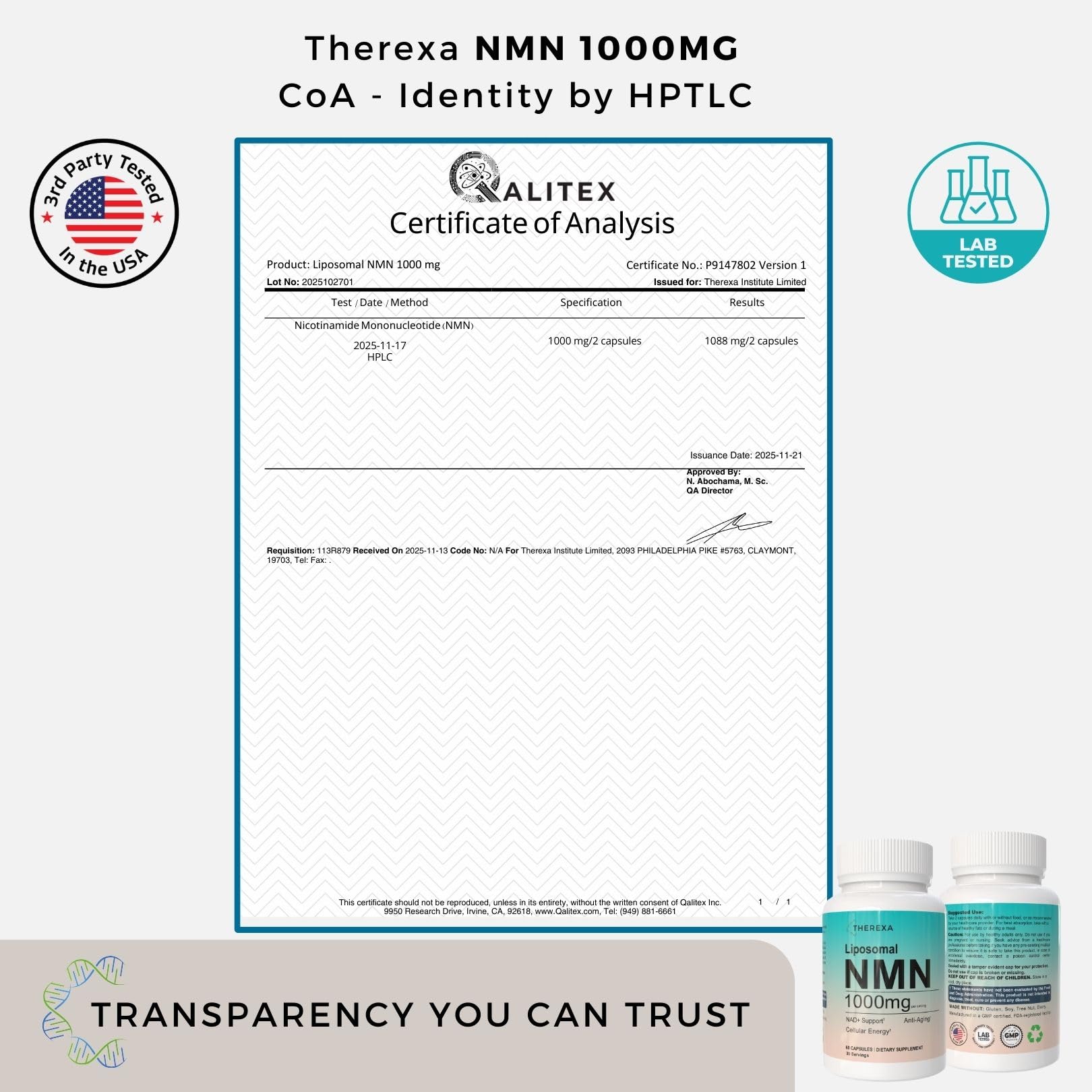 Close up of Therexa NMN supplement label details