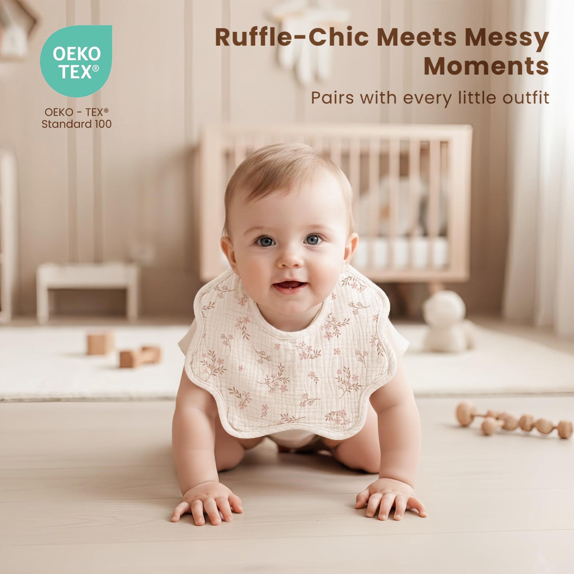 Baby wearing Konssy muslin bib for teething
