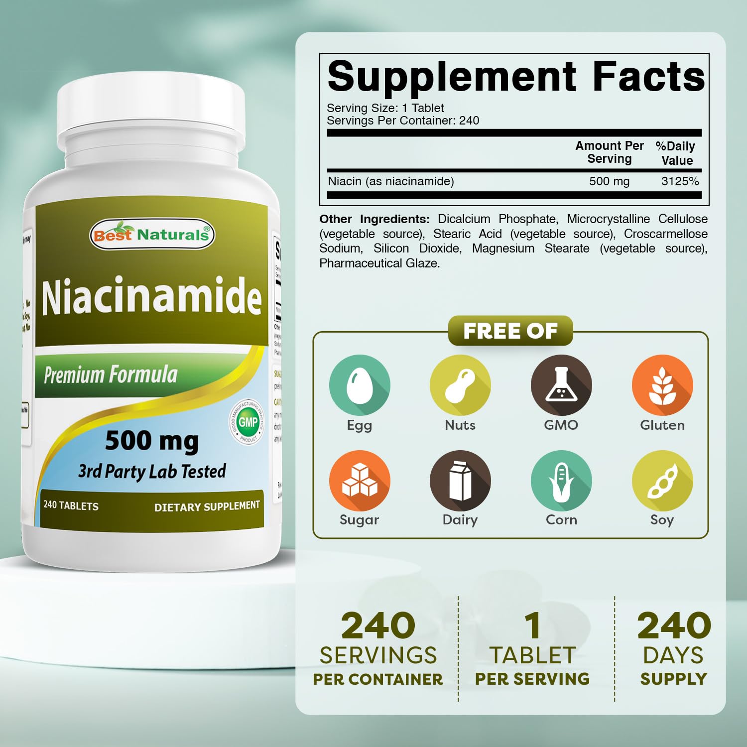 Side view of Best Naturals Vitamin B3 500mg tablets displaying the clear supplement facts and ingredient list