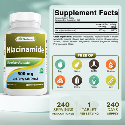 Side view of Best Naturals Vitamin B3 500mg tablets displaying the clear supplement facts and ingredient list