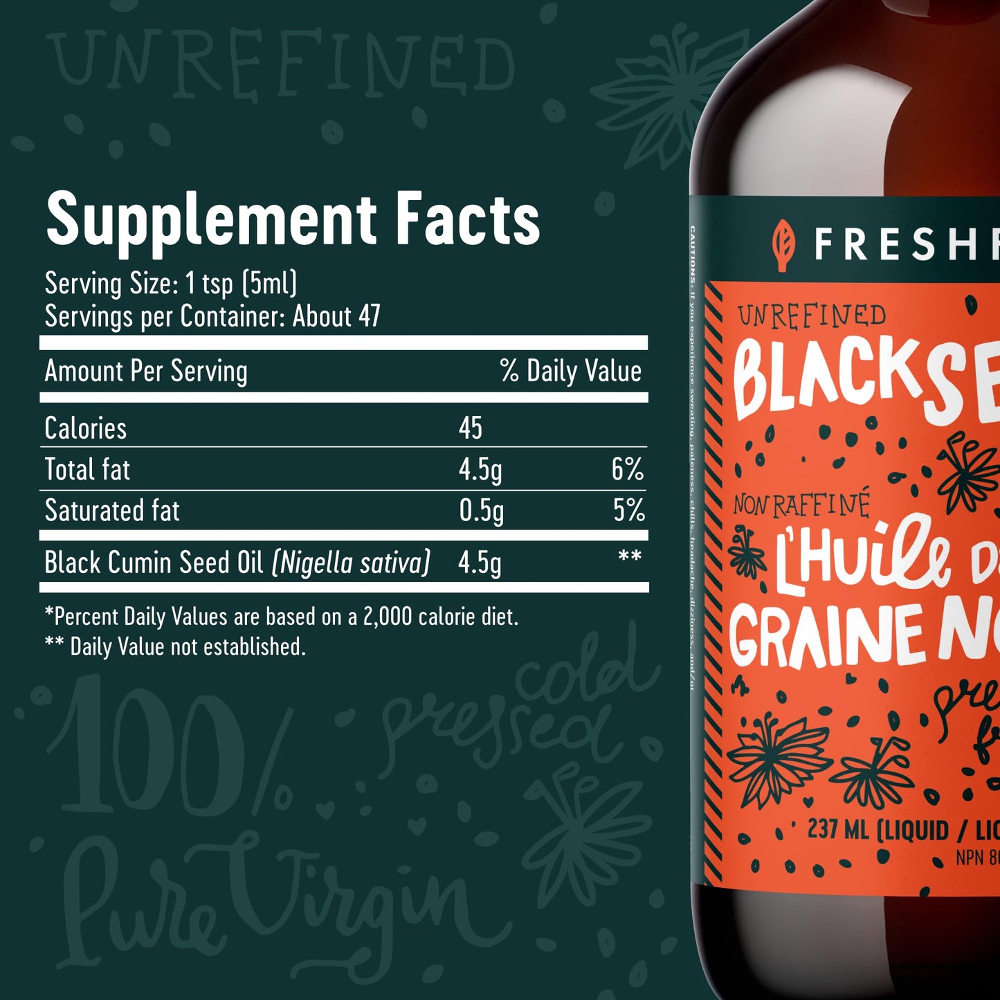 Freshfield ultra strength black cumin seed oil label detailing ingredients