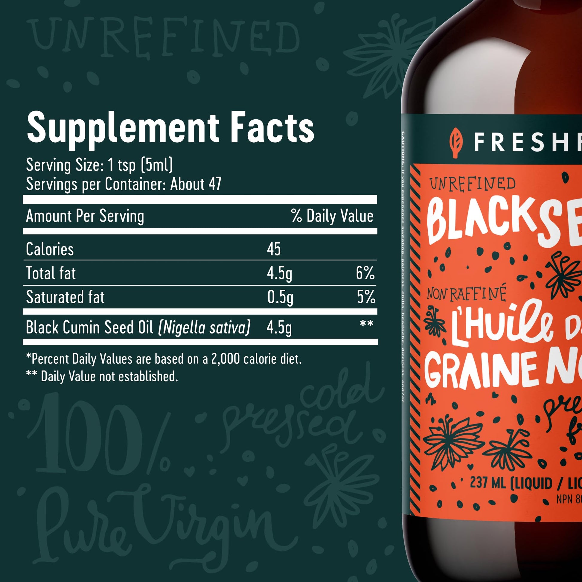 Freshfield ultra strength black cumin seed oil label detailing ingredients